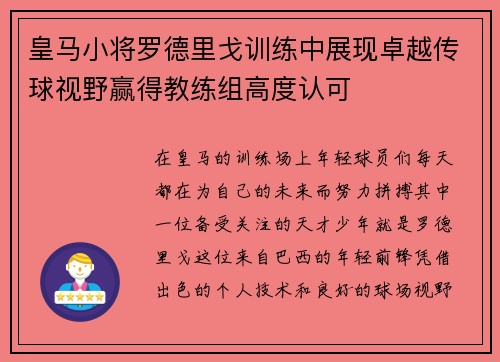 皇马小将罗德里戈训练中展现卓越传球视野赢得教练组高度认可